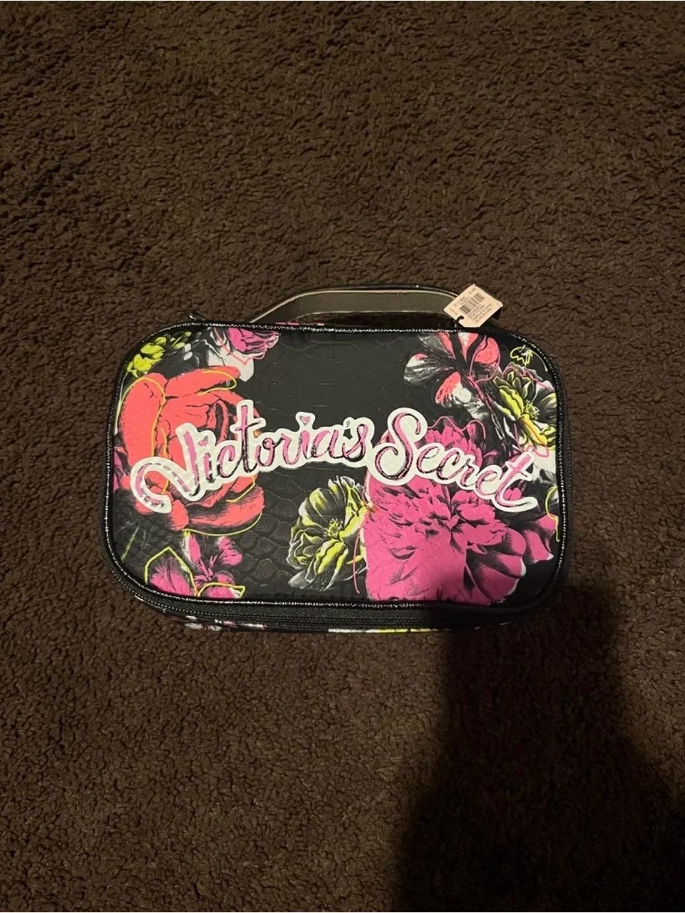 Victoria's Secret Black Floral Cosmetic Case with Pink & Yellow Flowers